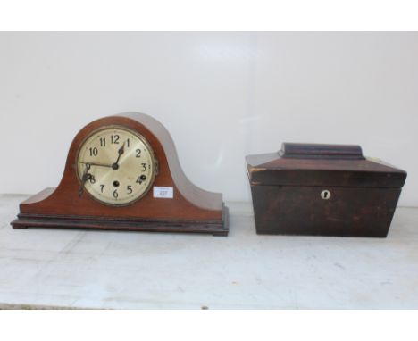 AN ANTIQUE ROSEWOOD TEA CADDY TOGETHER WITH A NAPOLEON HAT MANTLE CLOCK (2)