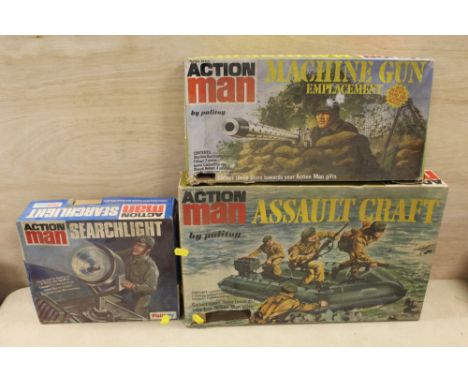 THREE BOXED VINTAGE PALITOY ACTION MAN ACCESSORY SETS COMPRISING OF MACHINE GUN EMPLACEMENT, ASSAULT CRAFT AND SEARCHLIGHT