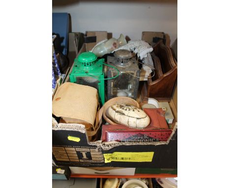 A TRAY OF ASSORTED COLLECTABLES TO INCLUDE CANDLE LANTERNS, SUPER CHROME HARMONICA ETC