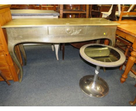 A MODERN CONSOLE TYPE TABLE WITH A METALLIC FINISH A/F AND A SMALL CIRCULAR TABLE (2)