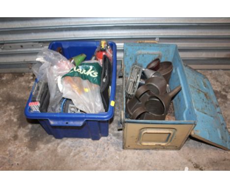 A VINTAGE AMMUNITION CRATE OF TOOLS TOGETHER WITH A BOX OF TOOLS AND PARTS TO INC A QUANTITY OF OIL JUGS