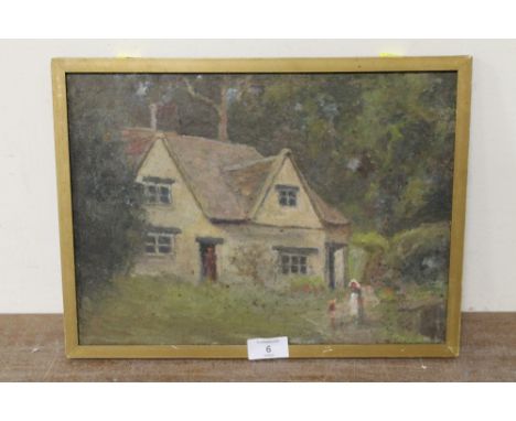A GILT FRAMED OIL ON BOARD DEPICTING A RUSTIC COTTAGE SCENE WITH FIGURES WITH PORTRAIT STUDY VERSO 25.5CM X 35CM 