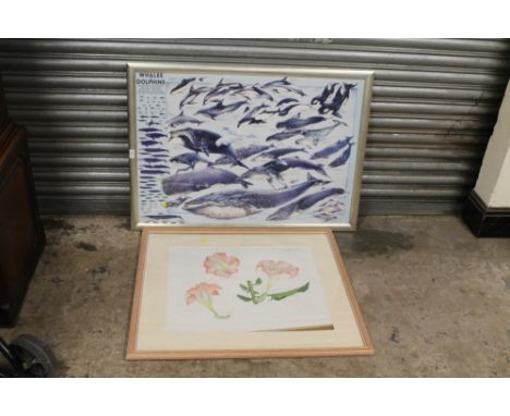A LARGE FRAMED AND GLAZED WHALES AND DOLPHINS PRINT, TOGETHER WITH AN INDISTINCTLY SIGNED FLORAL WATERCOLOUR (2) 