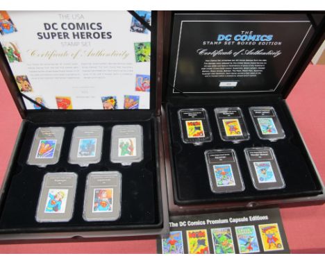 Two DC Comics Stamp Set Boxed Editions,comprising of 'The DC Comics' Set, No 45 of 995, ten stamps including Aquaman, Green L