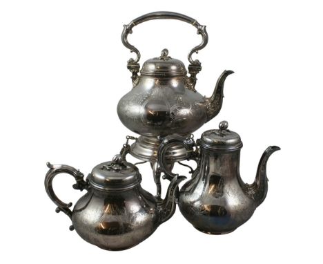 A Victorian electroplated tea kettle on stand, by Elkington & Co., date letter 1885, of circular baluster form with floral en