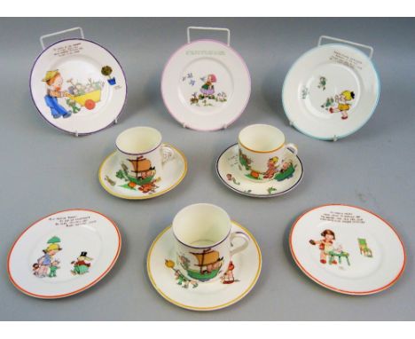 Eleven pieces of Shelley Mabel Lucie Atwell nursery ware comprising cup, saucer and mug "A Fairy Boat ....", cup and saucer "