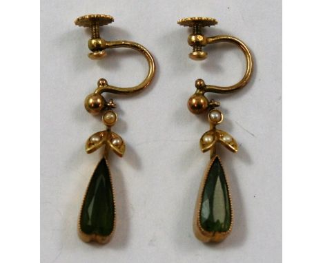 An Edwardian pair of 9 ct gold peridot and pearl ear pendants, milligrain collet set with an elongated heart shape stone, hal