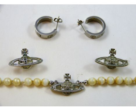 Vivienne Westwood, a pair of paste ear rings, together with an imitation pearl necklace with matching clasp, together with a 