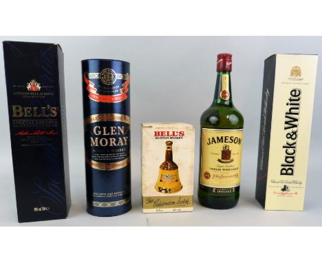 Glen Moray, single malt x 1, Bells, special reserve x 1, Bells, 18.75 cl in a Wade bell shape flask x 1, Jameson, Irish whisk