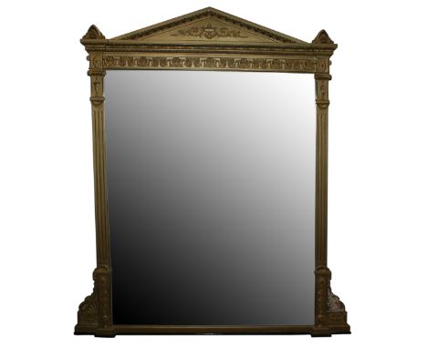 A 19th century classical style gilt framed overmantle mirror, of slightly inverted breakfront form, the triangular shaped ped