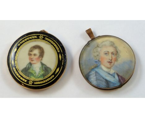A Georgian gold mounted mourning portrait miniature depicting a young gentleman, gilt and black border, the reverse with wove