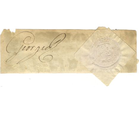 GEORGE III: (1738-1820) King of the United Kingdom 1760-1820. Ink signature ('George R', as King) on a slim oblong 12mo piece
