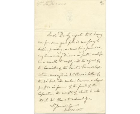 DERBY EARL OF: (1799-1869) British Prime Minister 1852, 1858-59, 1866-68. A.L.S., Lord Derby, in the third person, one page, 