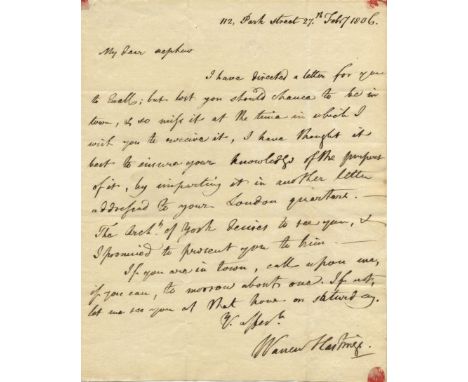 HASTINGS WARREN: (1732-1818) English Statesman, the first Governor-General of Bengal 1773-85. A.L.S., Warren Hastings, one pa