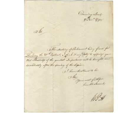 PITT WILLIAM: The Younger (1759-1806) British Prime Minister 1783-1801, 1804-06. L.S., W Pitt, one page, 4to, Downing Street,