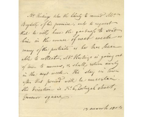 HASTINGS WARREN: (1732-1818) English Statesman, the first Governor-General of Bengal 1773-85. A.L.S., Mr. Hastings, in the th