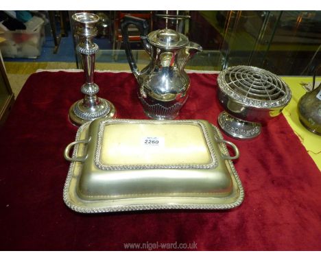 An Epns serving tray and lid, candlestick, Mappin and Webb coffee pot and rose bowl.