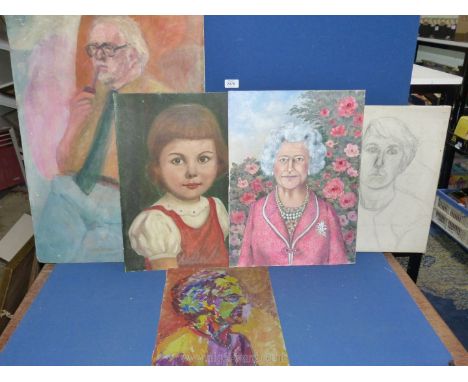 A portrait of a man smoking a pipe with four other portraits in oils including a little girl in a red pinafore