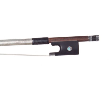 Silver mounted violin bow, unstamped, the stick round, the ebony frog inlaid with pearl eyes and the ebony adjuster with two 