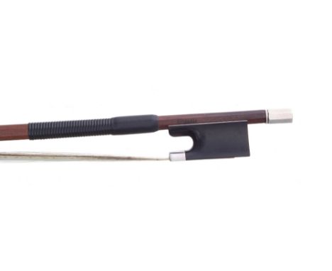 Silver mounted violin bow stamped Dodd, the stick octagonal, the ebony frog plain and with a silver overlaid ebony adjuster, 