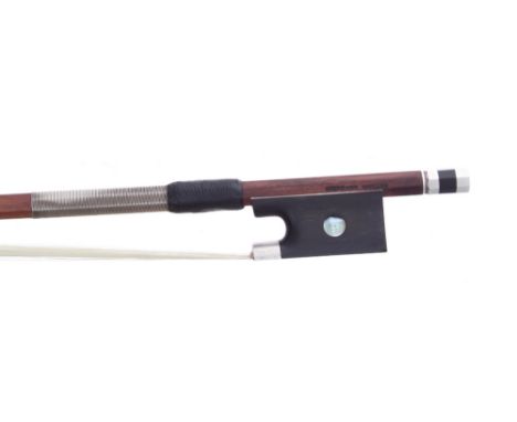 Good contemporary French silver mounted viola bow by and stamped Stephane Muller, the stick round, the ebony frog inlaid with