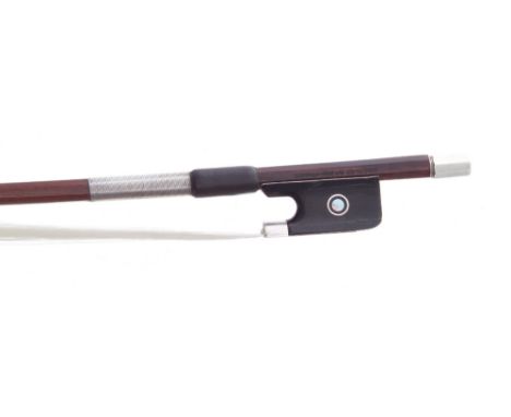 French silver mounted violin bow stamped Charles Bazin-France, the stick round, the ebony frog inlaid with silver rings enclo