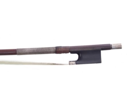 Silver mounted violin bow stamped Carrodus, the stick round, the ebony frog plain and with a silver overlaid ebony adjuster, 