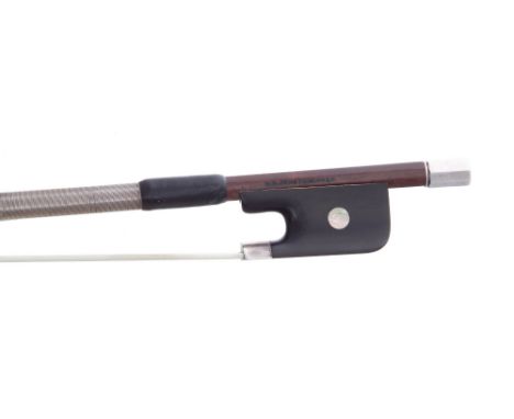 German silver mounted violoncello bow by and stamped H.R. Pfretzschner, the stick octagonal, the ebony frog inlaid with pearl