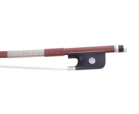 Good French silver mounted violoncello bow by and stamped Paul Sadka á Paris, the stick round, the ebony frog inlaid with lar