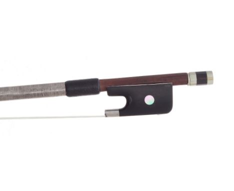 French silver mounted violoncello bow by and stamped Cuniot-Hury, the stick round, the ebony frog inlaid with pearl eyes and 