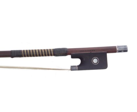 Good English silver mounted violoncello bow by and stamped W.E. Hill &amp; Sons, circa 1930, the stick round, the ebony frog 