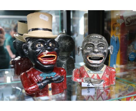 2 Cast Iron Moneybox with Top hat 20cm in Height and a Aluminium Moneybox Starkies Patent15cm in Height 