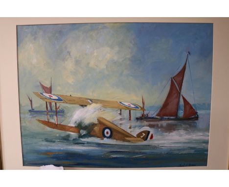 Noel A Bray Oil on board of a Sopwith camel crash landing with fishing boats 