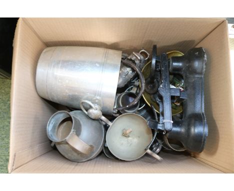 Box of assorted Metalware to include Silver lidded pot, Champagne bucket etc.