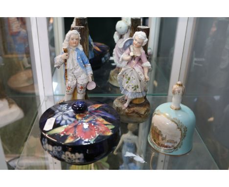 Pair of European Porcelain figures, Moorcroft lidded powder pot and a Meissen hand painted bell