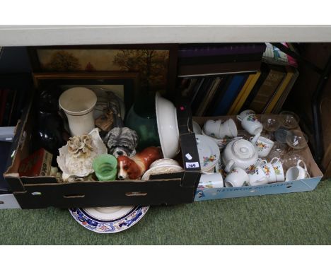 2 Boxes of assorted Pottery and ceramics to include Just Cats, Meat Plates, Floral tea set