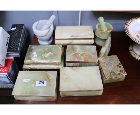 Collection of assorted Onyx lidded boxes and a marble Pestle and Mortar 