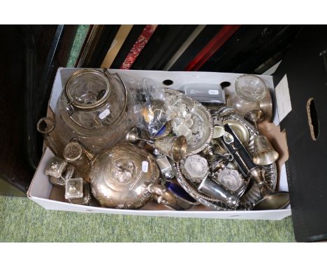 Box of assorted Silver plated tableware and flatware to include Silver topped vases, Biscuit barrel etc.