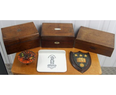 Three Wooden Boxes inc Sewing Box, Weigh Scales Plate, Leeds University Shield &amp; Enamel Candle Stick Holder.