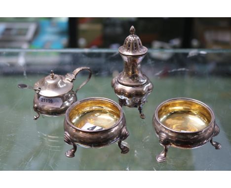 Pair of 19thC Silver open salts, Silver covered mustard and a Silver Pepperette. 190g total weight