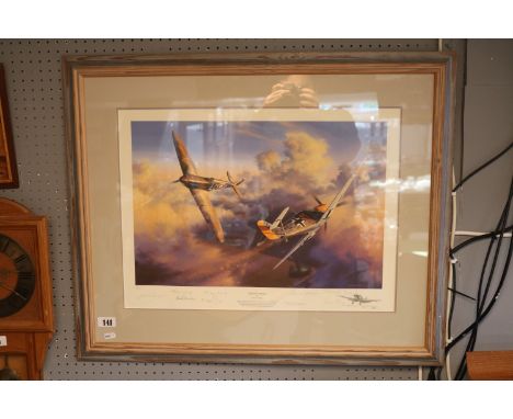 Head to Head by Nicolas Trudgian framed print signed by Squadron Leader Sandy Johnstone, and other Pilots