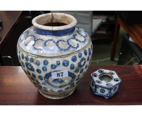 Antique Persian Fritware Pottery Blue and White Vase 22cm in Height with similar octagonal dish 