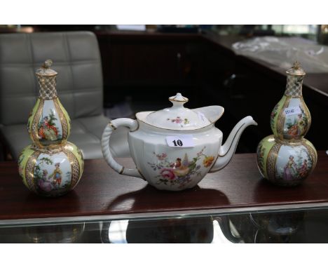 Royal Crown Derby 'Derby Posies' Teapot and a Pair of Gourd shaped vases with cross swords mark to base 
