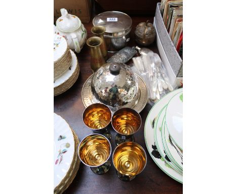 Collection of assorted Silver plate table ware and metalware to include Hammered dish with cover, 19thC Spirit flask with Hun