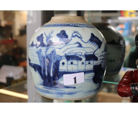 19thC Blue &amp; White Chinese Ginger Jar with Mountain and floral decoration 16cm in Height 