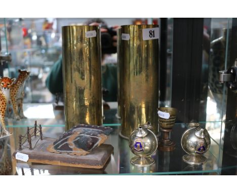 Pair of Brass Trench Art Vases, German Coln diorama of a tank, HMS Furious Salt &amp; Pepper and a Brass Shell Fuse cup on tu