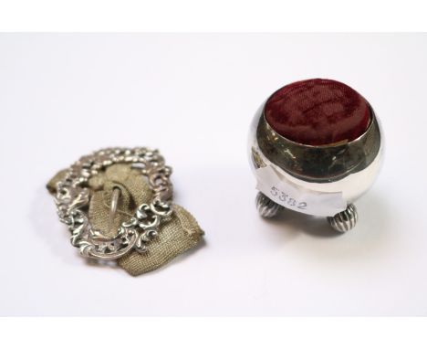 Silver Pin Cushion Chester 1900 and a Silver Shoe Buckle of Pierced design 