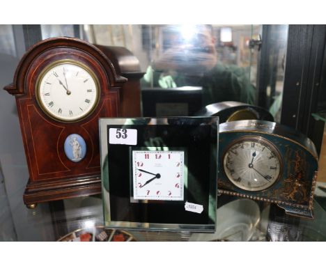 Roger Lascelles Clocks Deco style clock, Edwardian Inlaid mantel clock with applied Wedgwood lozenge and a Chinoiserie clock 