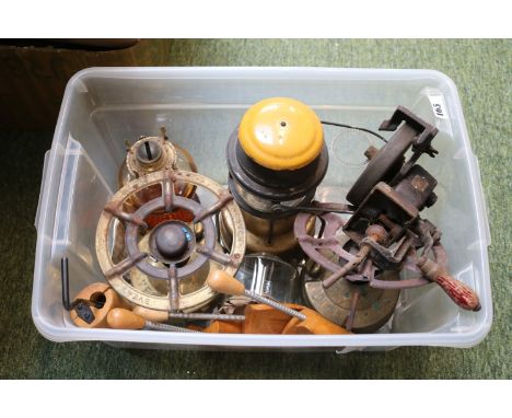 Box of Bygones to include Shoe Stretchers, Tilley Lamp etc.