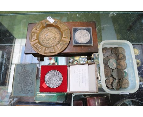 Collection of assorted Coins, Souvenir of Japan Vintage Brass Ashtray, Great Wall of China Commemorative Medallion and a Oak 